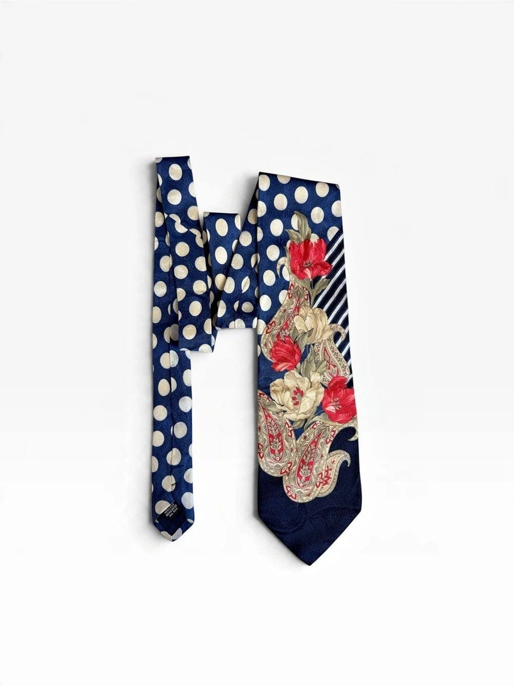 SAZZARI 100% Silk Handmade Tie – Polka Dot Floral Paisley Navy Blue